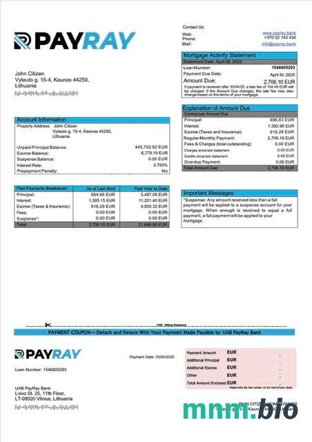 Litwa UAB PayRay Bank wyciąg z kredytu hipotecznego szablon Word i PDF